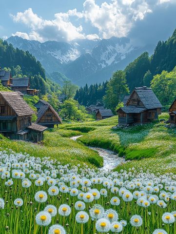 蓝天白云绿山木屋