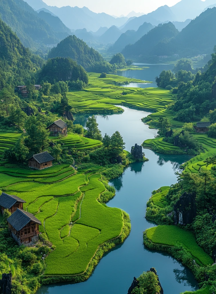 稻田环绕岛屿风光