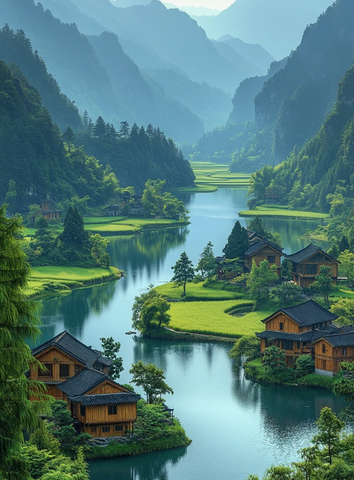 稻田环绕岛屿风光