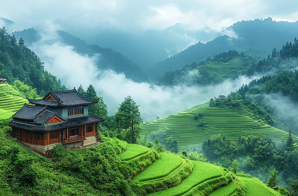 梯田烟雾绿山景