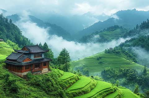 梯田烟雾绿山景