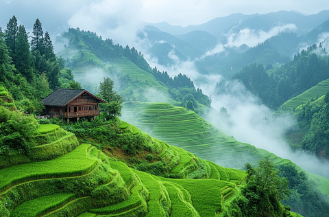 梯田烟雾绿山景
