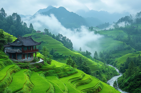 梯田烟雾绿山景