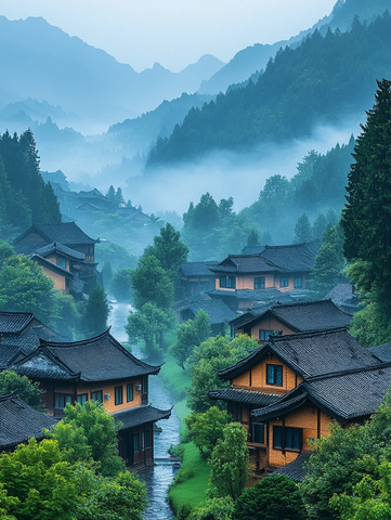 绿色山脉村庄景