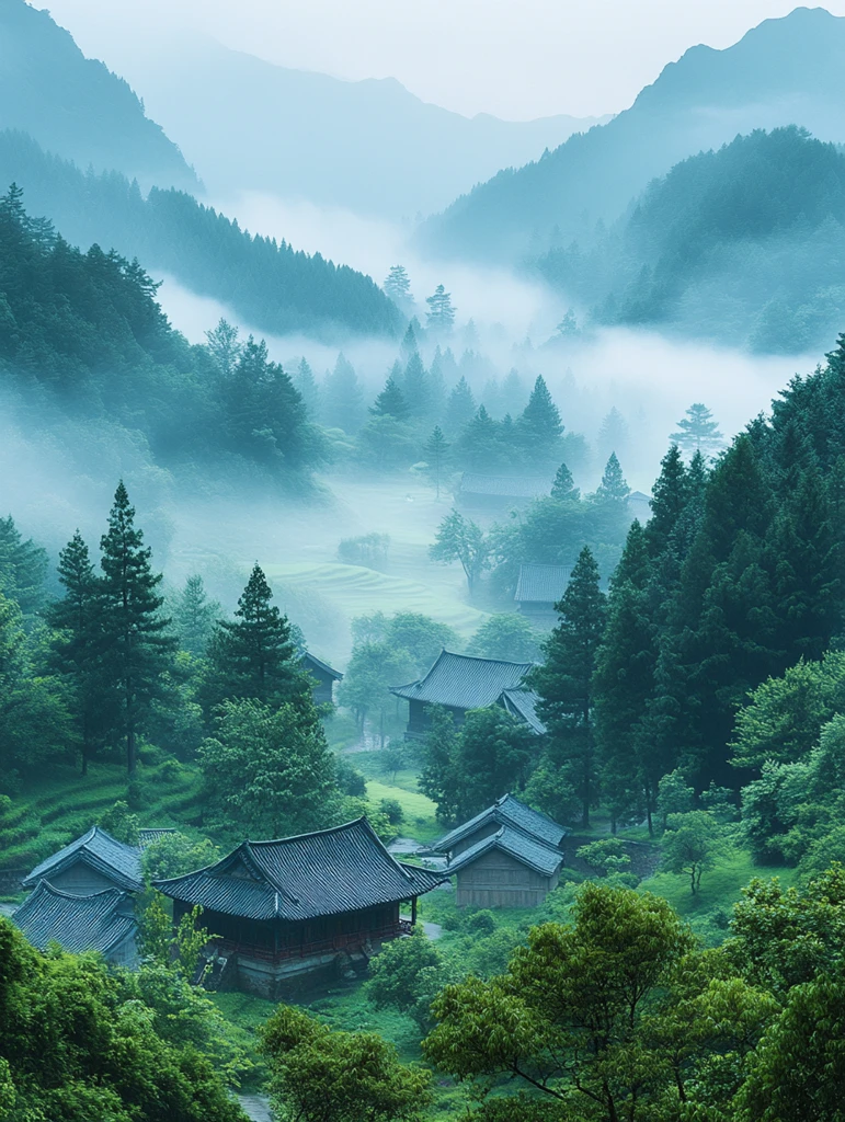 绿色山脉村庄景