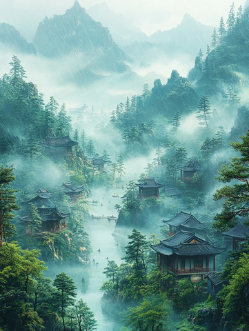 绿色山脉村庄景