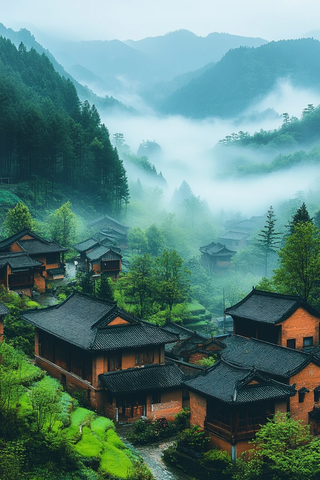 青山绿雾村落
