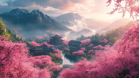 樱花盛开的村庄