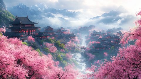 樱花盛开的村庄