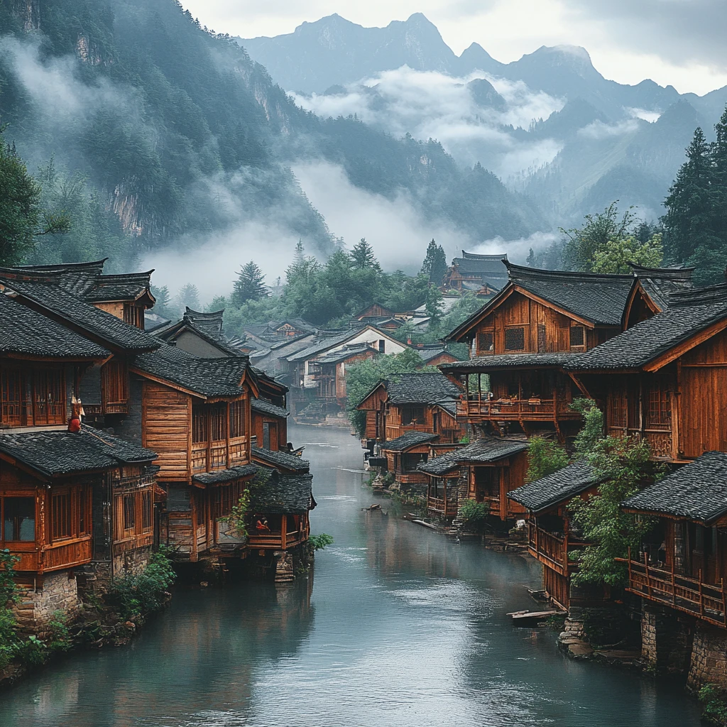 木屋溪畔山雾缭绕