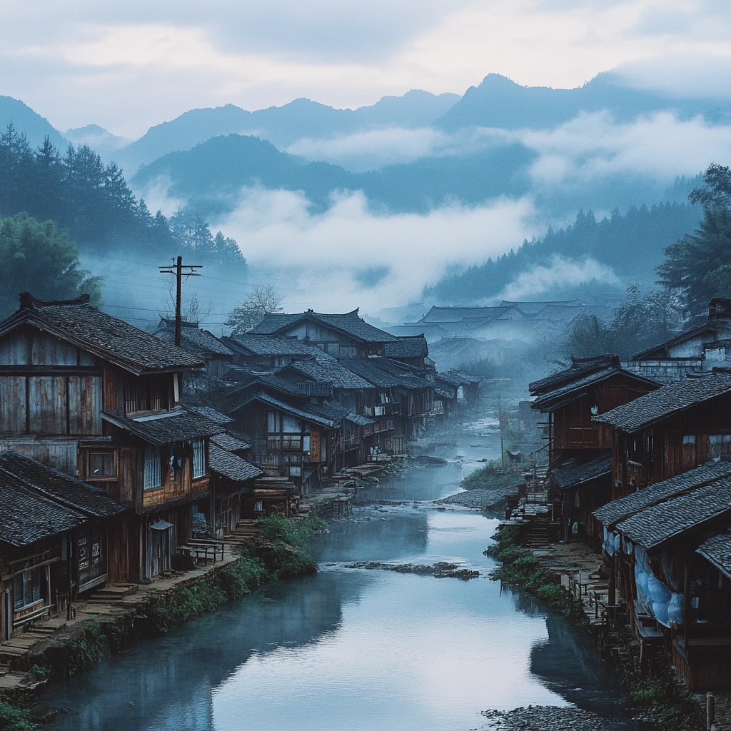 木屋溪畔山雾缭绕