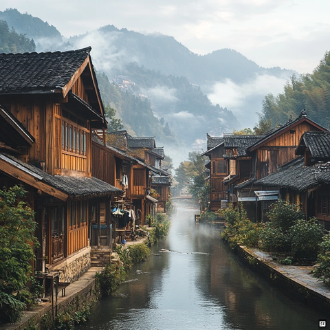 木屋溪畔山雾缭绕