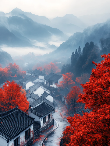 红枫白墙黑瓦村