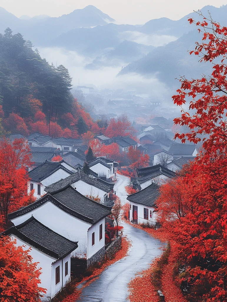 红枫白墙黑瓦村