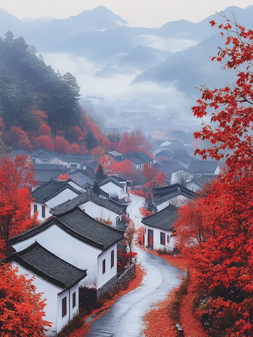 红枫白墙黑瓦村