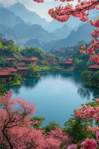 桂林山水樱桃花