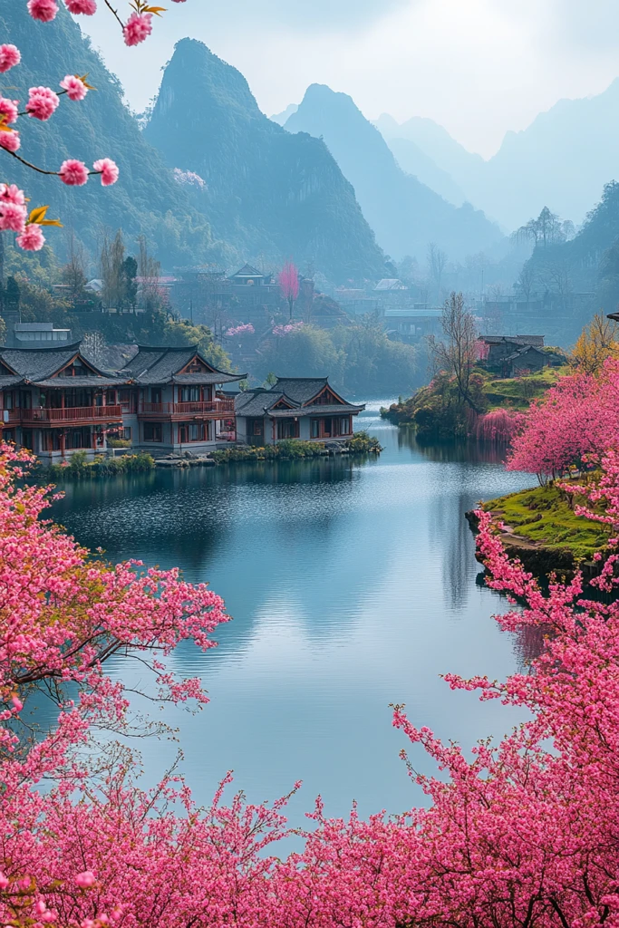 桂林山水樱桃花