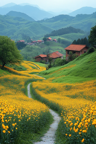 油菜花田乡村路