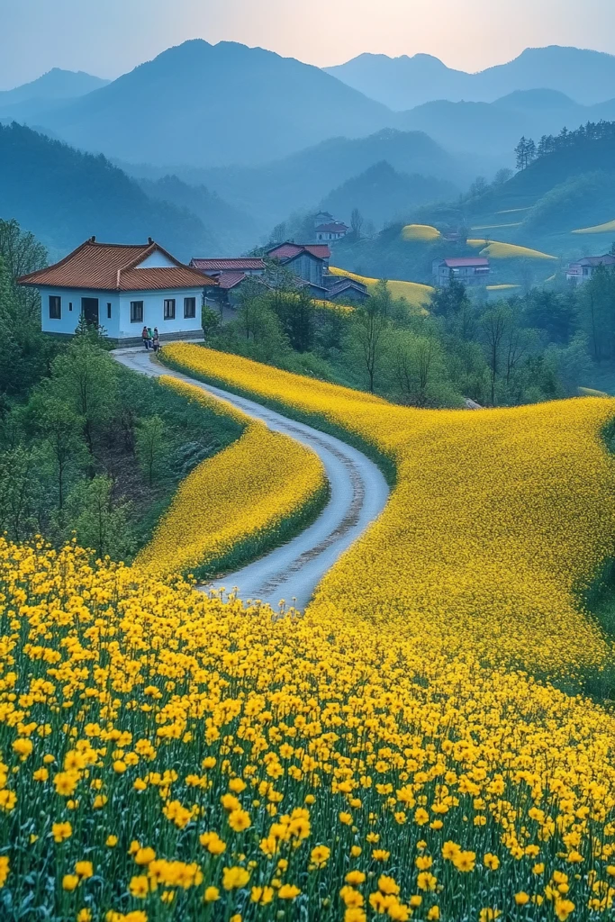 油菜花田乡村路