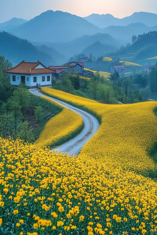 油菜花田乡村路