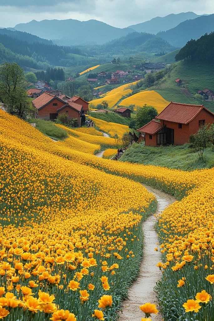 油菜花田乡村路