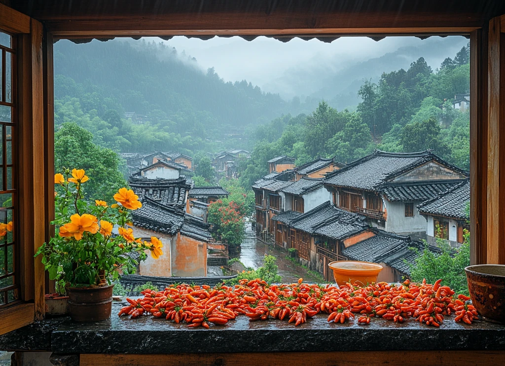 木窗石桌红椒黄花