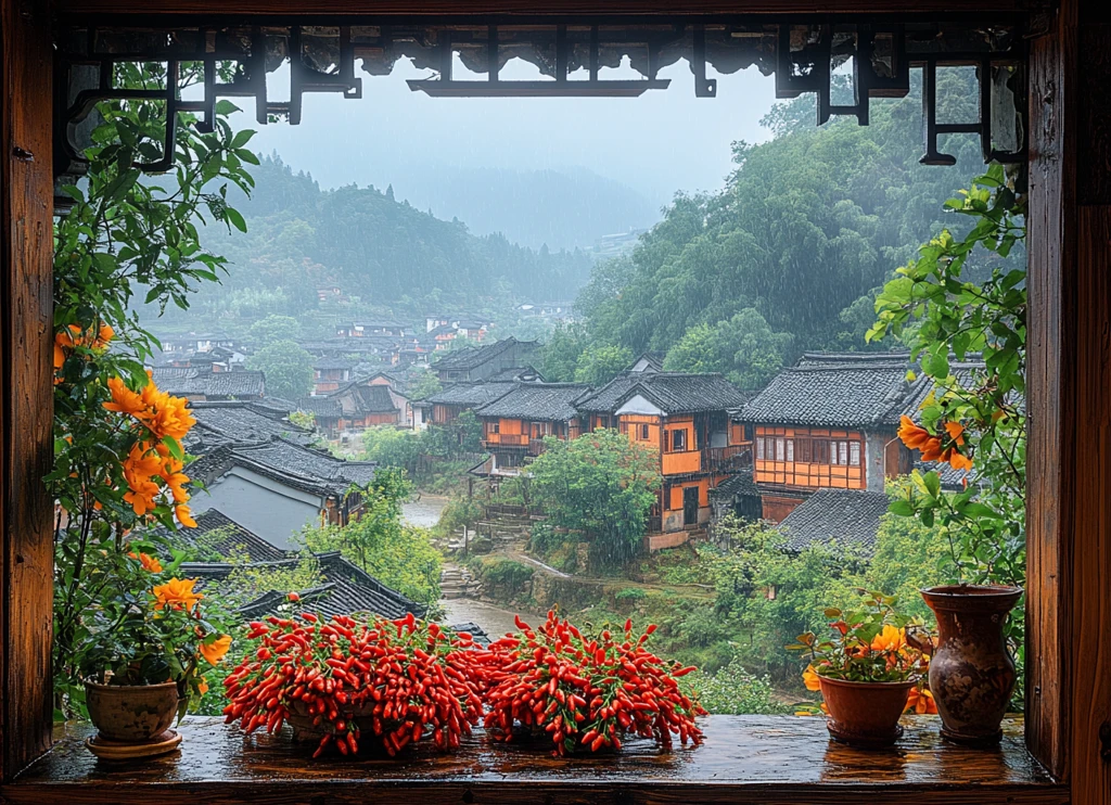 木窗石桌红椒黄花