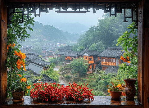 木窗石桌红椒黄花