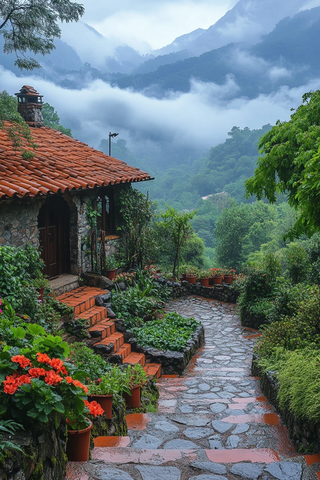 山间石屋小园景