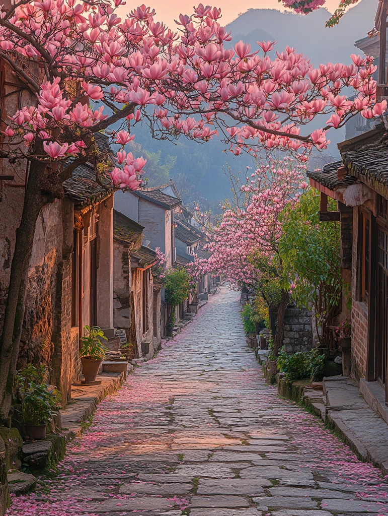 傍晚古街石路花树