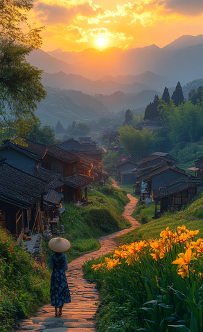 古村稻田夕阳下