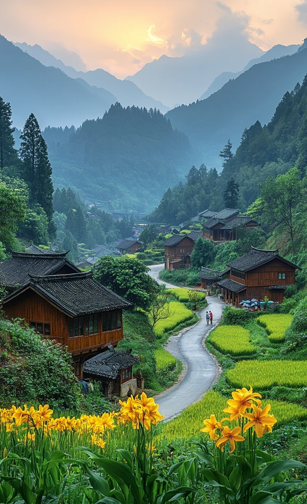 古村稻田夕阳下
