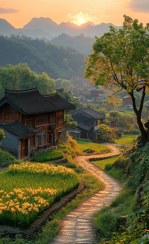 古村稻田夕阳下