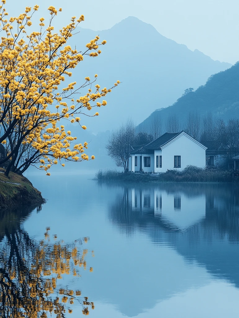 湖畔黄花树与远山