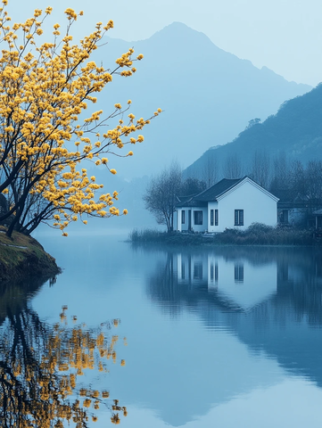 湖畔黄花树与远山