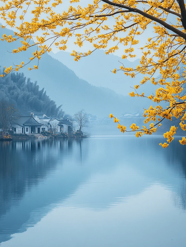 湖畔黄花树与远山