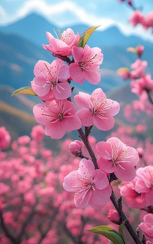 桃花盛开山景图