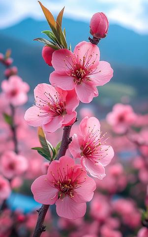 桃花盛开山景图