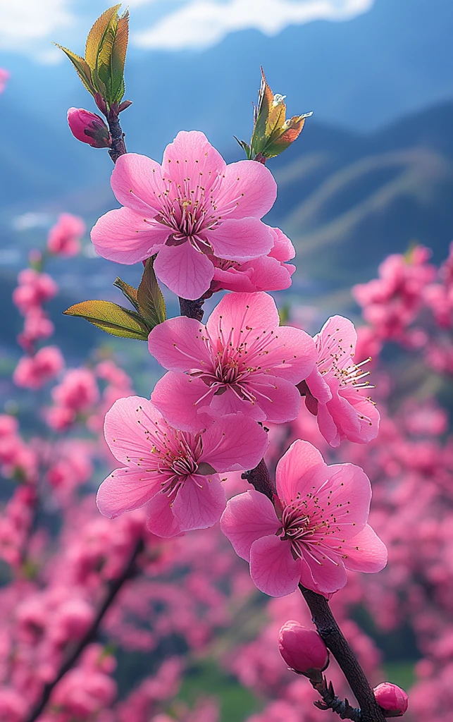 桃花盛开山景图