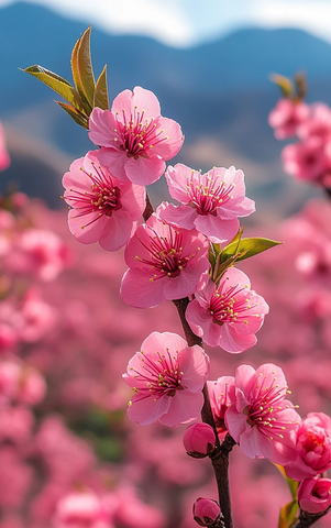 桃花盛开山景图