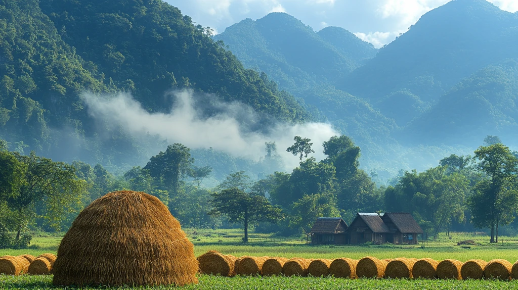稻草堆水牛茅屋