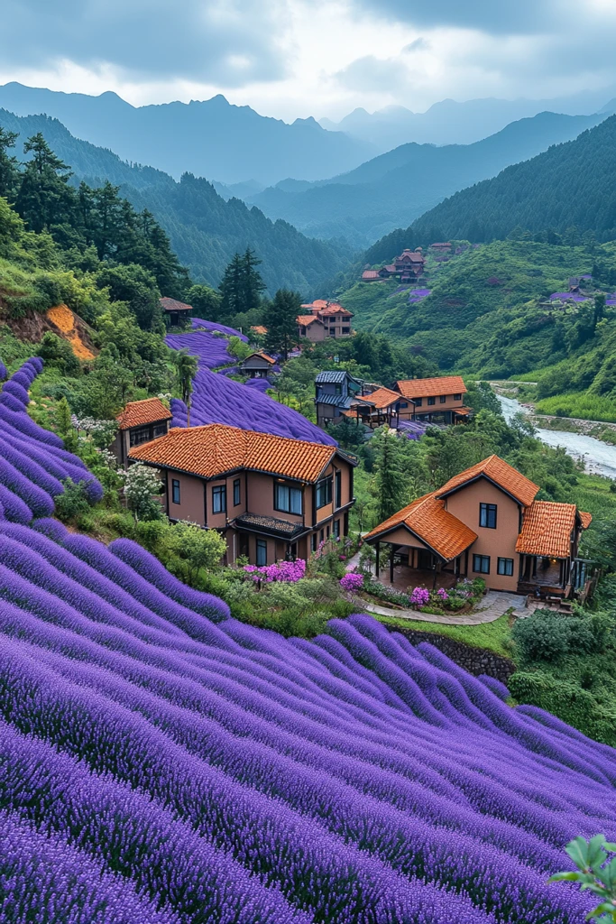 紫色花海与古朴村舍