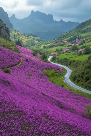紫色花海与古朴村舍