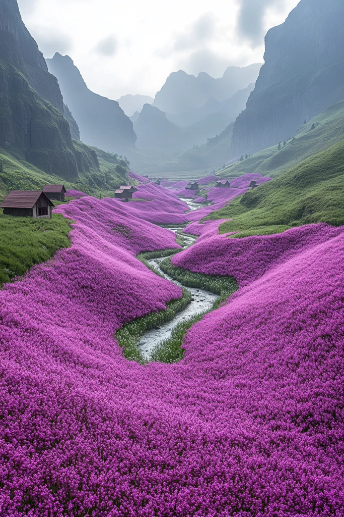 紫色花海与古朴村舍