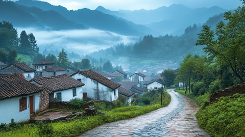 古村晨雾远山