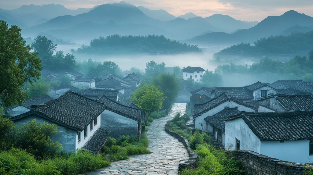 古村晨雾远山