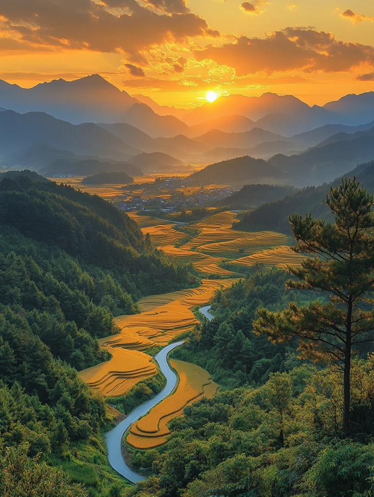 金色稻田与远山