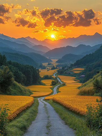 金色稻田与远山