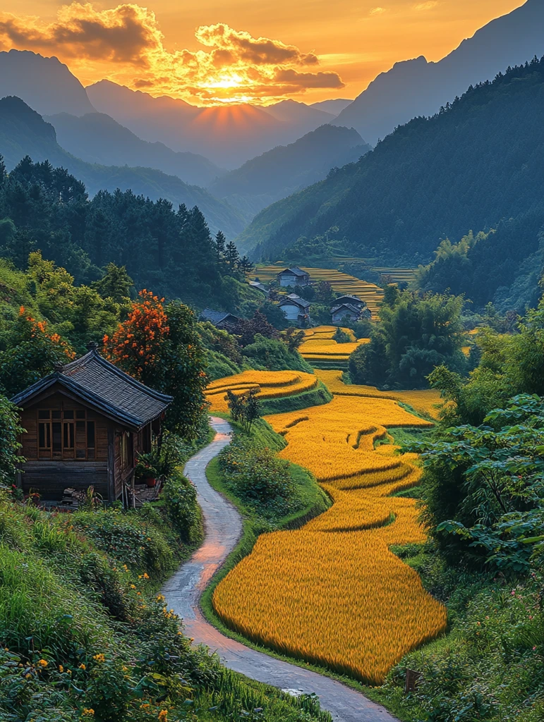 金色稻田与远山