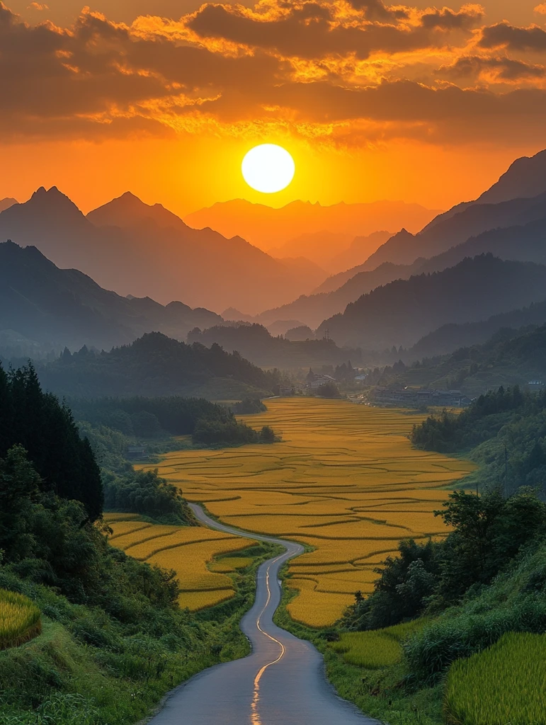 金色稻田与远山